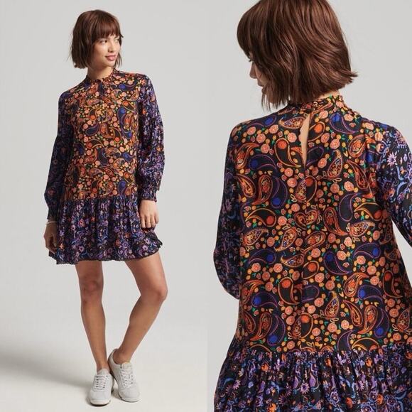 Superdry High Neck Mini Dress Multi Paisley Print floral size 6 Ruffle - Picture 1 of 8